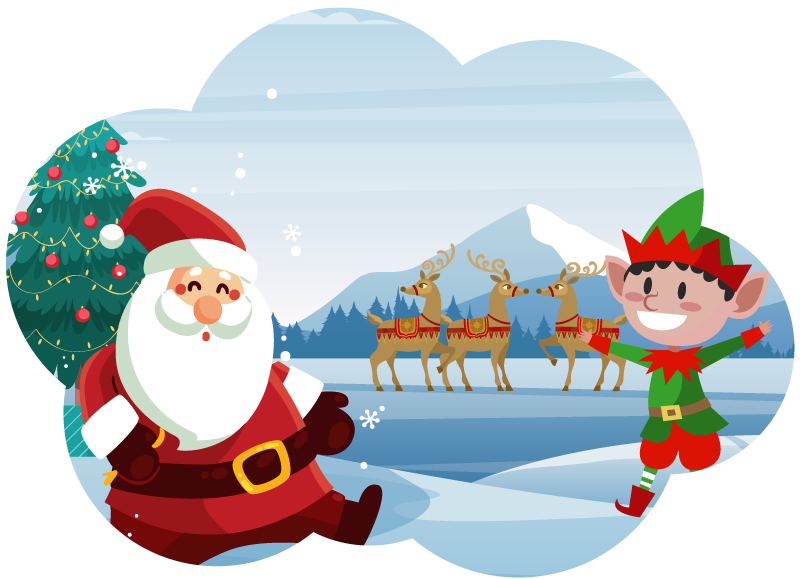 Illustration d’un paysage de Noël féérique avec le Père Noël, ses rennes, un lutin joyeux et un grand sapin décoré sous la neige.