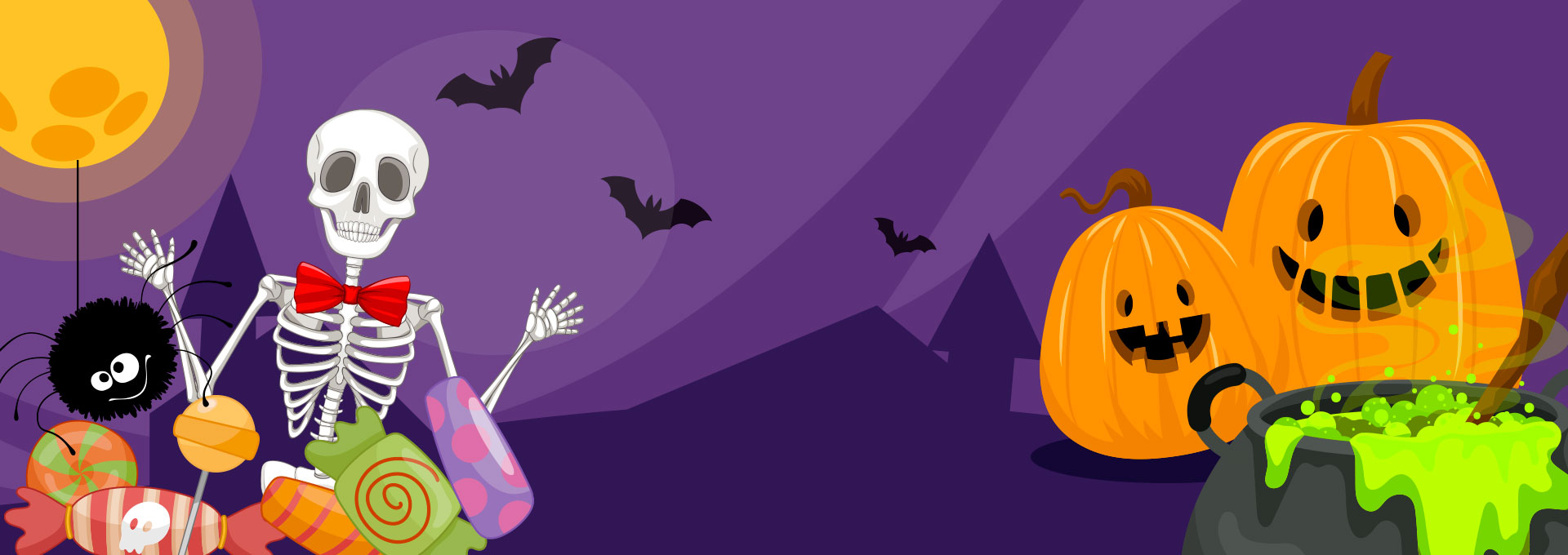 Illustration de gentils monstres colorés avec des citrouilles et des bonbons – visuel de la chasse au trésor Halloween à imprimer
