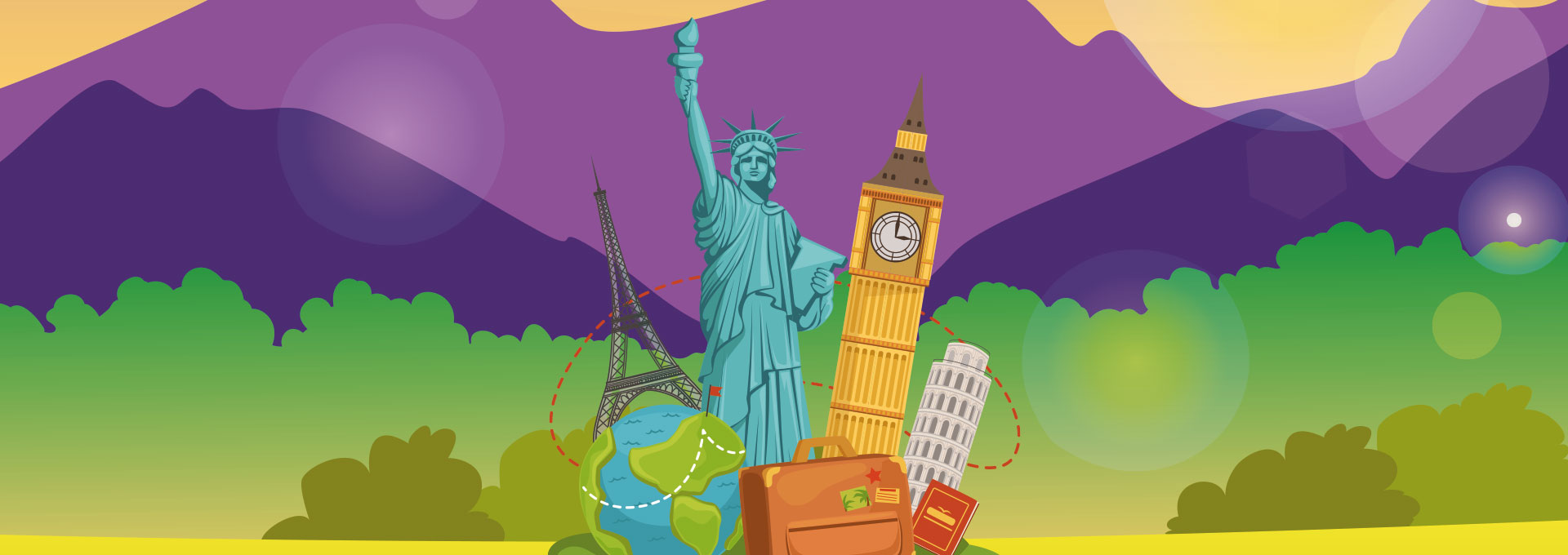 Illustration d’un tour du monde avec le globe terrestre, la Tour Eiffel, Big Ben et la Statue de la Liberté.