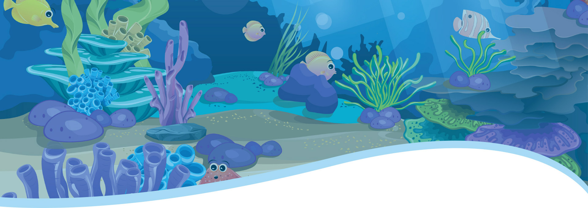 Illustration sous-marine colorée avec coraux, poissons et algues dans un décor d’aventure pour enfants