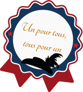 Écusson représentant une cocarde avec l'inscription 'Un pour tous, tous pour un', accompagné de l'ombre d'un chapeau à plume de mousquetaire, symbolisant l'esprit d'équipe et de solidarité des mousquetaires.