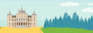 llustration d'un majestueux château entouré d'un parc verdoyant, avec des jardins luxuriants et des arbres, créant une atmosphère royale et féerique.