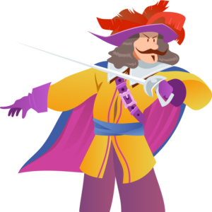 Illustration d'un mousquetaire moustachu portant son chapeau traditionnel, une épée à la main et une cape, prêt pour l'aventure. Personnage de la chasse au trésor mousquetaires.
