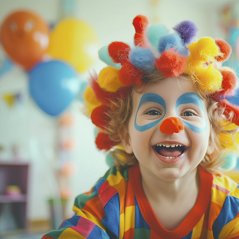 Enfant déguisé en clown participant à un anniversaire sur le thème du cirque avec ballons et décoration festive.